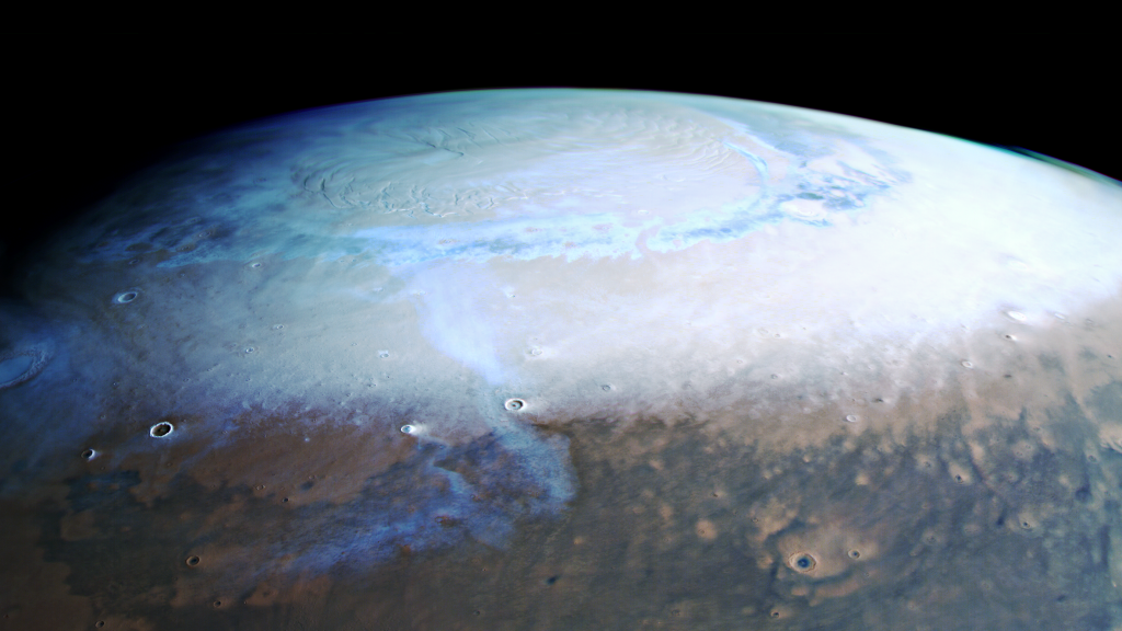 Seasonal snow and frost at the Martian north polar region as seen by the High Resolution Stereo Camera (HRSC) onboard ESA’s Mars Express. Credit: ESA/DLR/FU-Berlin.